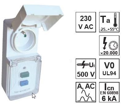 adaptér zásuvkový s prúdovým chráničom, s ochr. kolíkom 16A, 30mA, 6kA, IP44, A / AC, E2