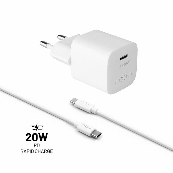 SET SIEŤOVÉ NABÍJAČKY FIXED MINI S USB-C VÝSTUPOM A USB-C/USB-C KÁBLE, PODPORA PD, 1 METER, 20W, BIELÝ