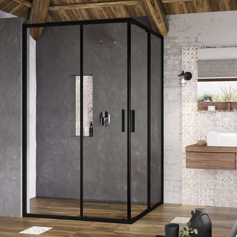 RAVAK Blix Slim sprchové dvere š.1200 mm, posuvné, 1 diel z 2, pre rohový vstup, black+Transparent, X1XMG0300Z1