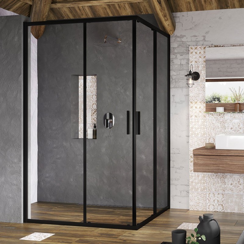 RAVAK Blix Slim sprchové dvere š.1000 mm, posuvné, 1 diel z 2, pre rohový vstup, black+Transparent, X1XMA0300Z1
