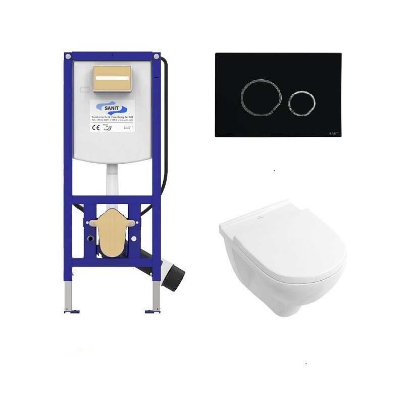Villeroy & Boch set WC misa O.NOVO s DirectFlush, sedátko SoftClose, predstenový modul WC SANIT Ineo Plus, tlačítko čierna matn