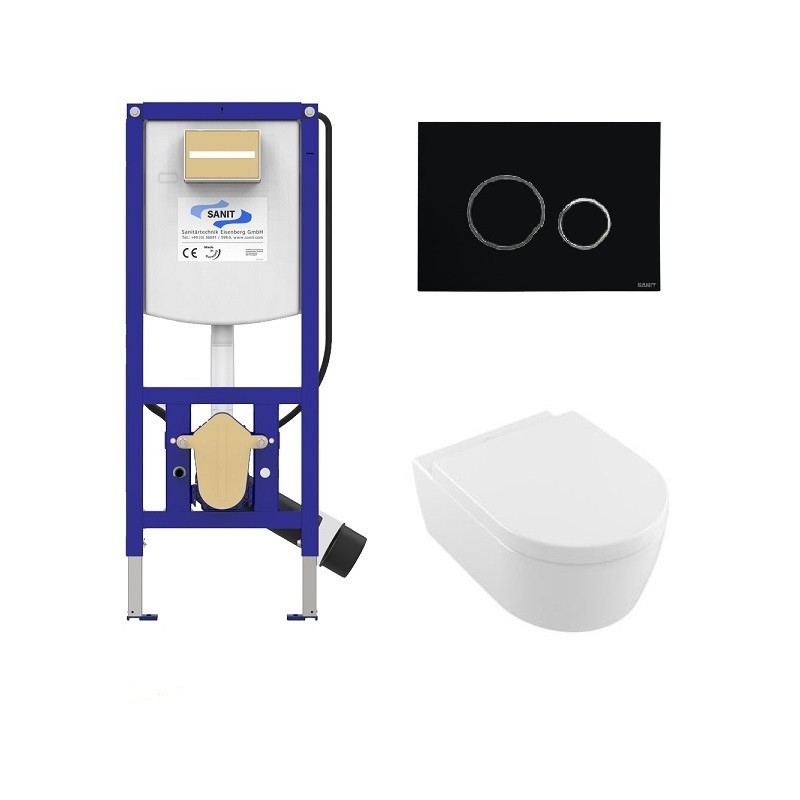 Villeroy & Boch set WC misa AVENTO s DirectFlush, sedátko SoftClose, predstenový modul WC SANIT Ineo Plus, tlačítko čierne