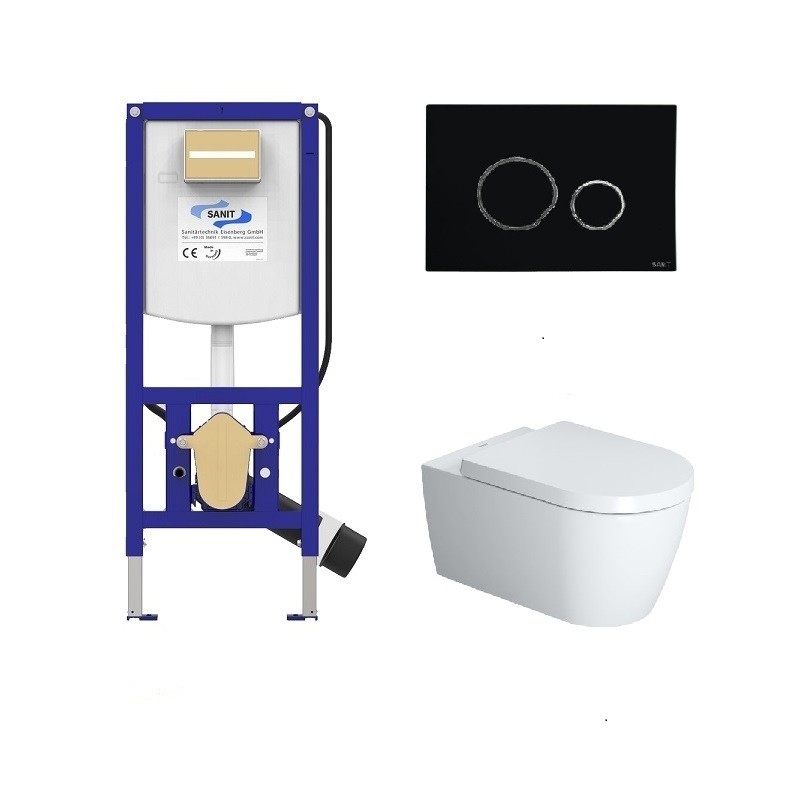 Duravit set WC misa ME by Starck Rimless, sedátko SoftClose, predstenový modul WC SANIT Ineo Plus, tlačítko čierne