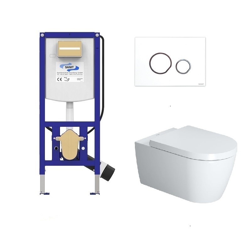 Duravit set WC misa ME by Starck Rimless, sedátko SoftClose, predstenový modul WC SANIT Ineo Plus, tlačítko biele