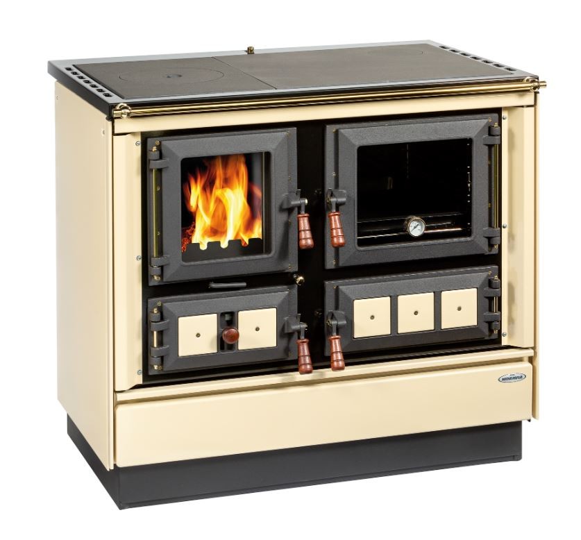 KVS MORAVIA Sporák KLAUDIA 9112 bežový pravý zlaté a drevené doplnky