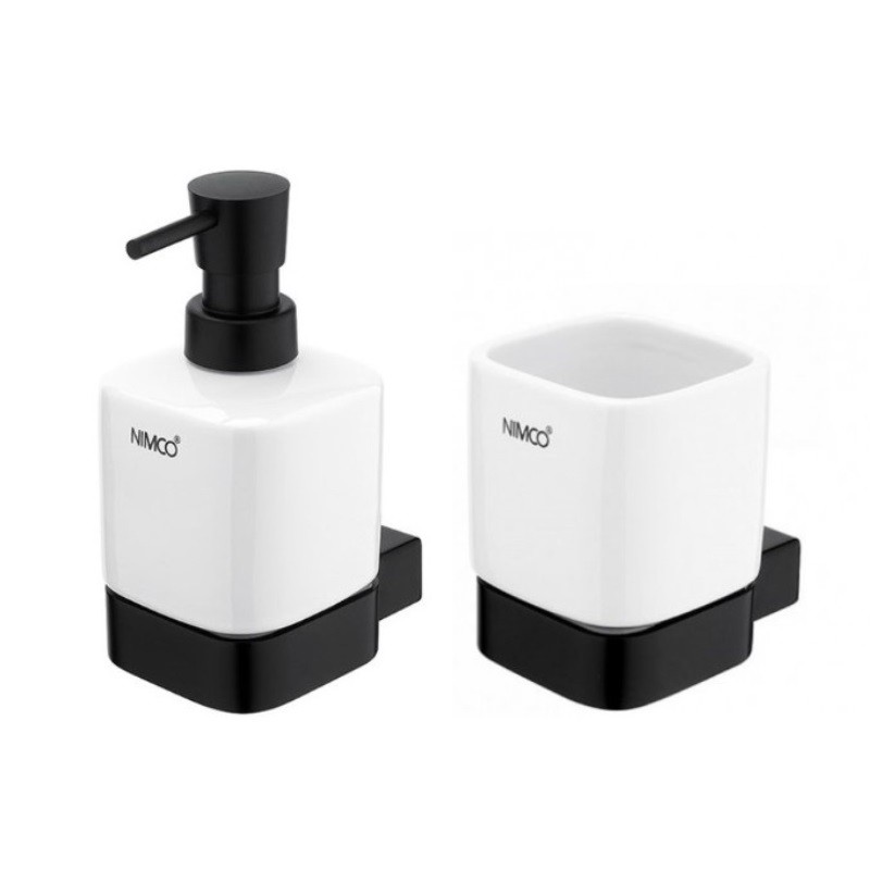 NIMCO KIBO set doplnkov - dávkovač mydla 250 ml + pohár s držiakom, čierna matná